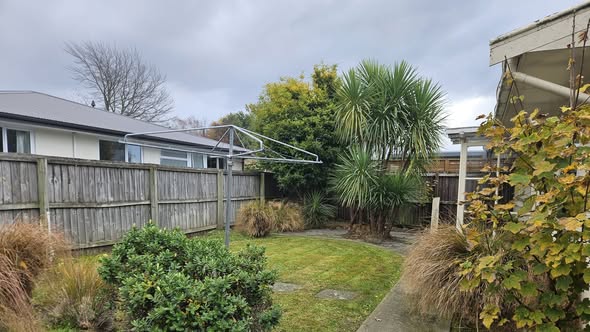 Tidy suburban backyard in Rangiora with mown lawn and trimmed shrubs after a garden tidy-up